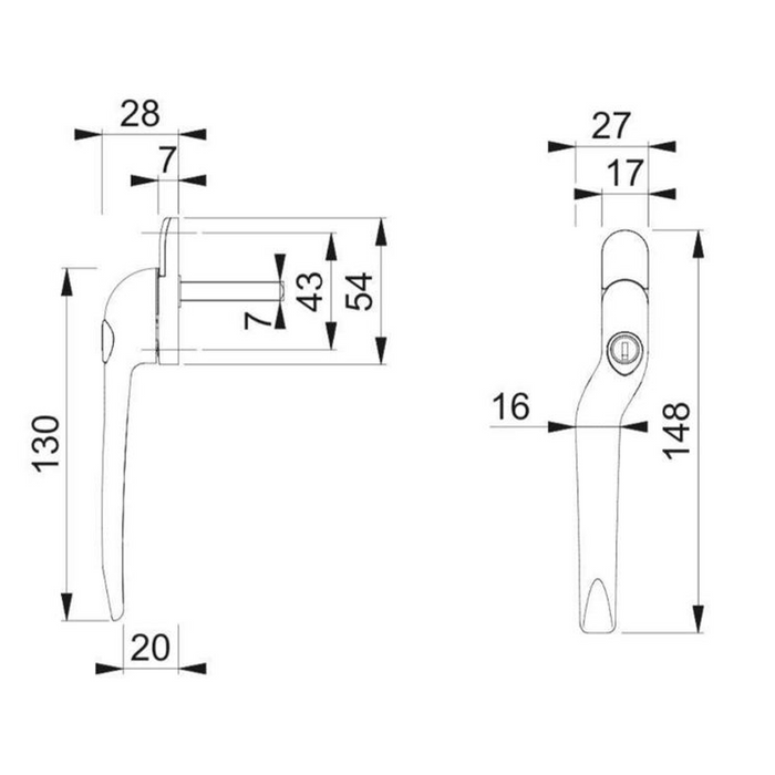 Gold Left Hand Slimline Espag Window Handle - Compact with Low Profile / Projection