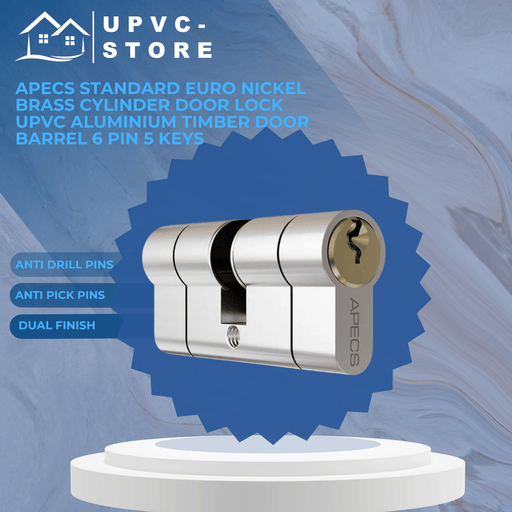 APECS Standard Euro Nickel Brass Cylinder Door Lock uPVC Aluminium Timber Door Barrel 6 Pin 5 Keys