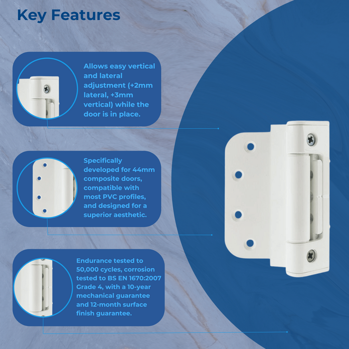 Elevator 2D Composite Door Hinge – Adjustable Hinge for uPVC & Timber Doors (Brown/White)