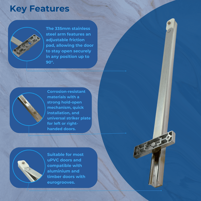 90° Degree Stainless Steel Door Restrictor Arm Stay Hold Open UPVC French