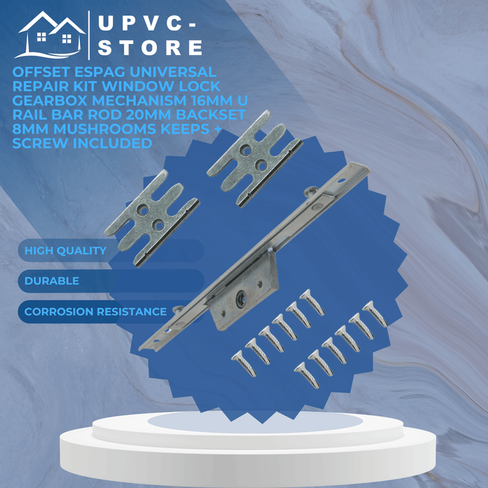 Offset Espag Universal Repair Kit Window Lock Gearbox Mechanism 16mm U Rail Bar Rod 20mm Backset 8mm mushrooms Keeps + Screw Included