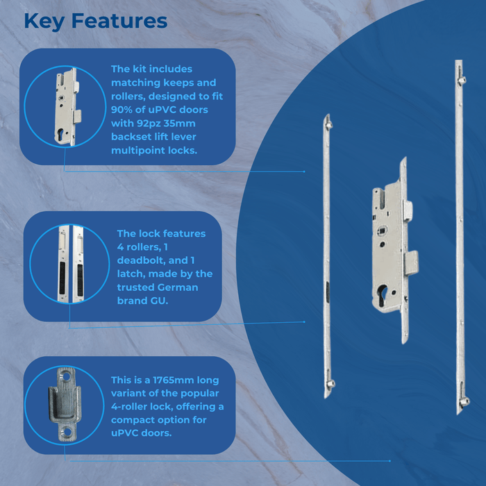 4 roller universal UPVC Door Kit 92pz multipoint with keep 16mm Faceplate 35mm backset