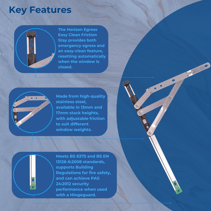 Horizon Egress Window Friction Stay Hinges True 90 Degree – Secure Ventilation Solution 12" & 16" – 13mm & 17mm Stack Heights