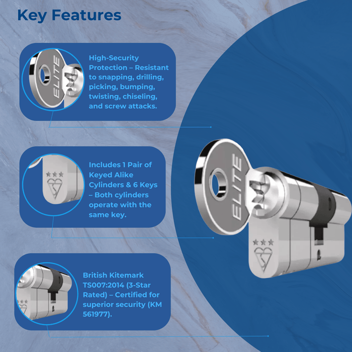 Elite 3* Euro 3 Star Keyed Alike Pair Euro Cylinder Anti Snap Bump High Security uPVC Door Barrel TS007 Lock