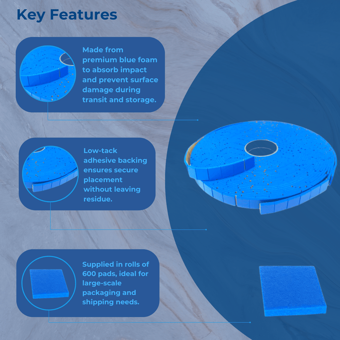 25x19x4mm Blue Foam Transit Pads – 600 Pads per Roll – Protective Cushioning for Glass & Delicate Surfaces