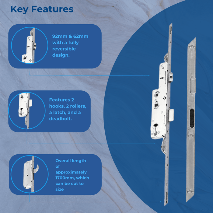 Avocet Wms Upvc Door Lock Silver New Style 2 Hook 2 Roller 35mm Multi Point + Keep