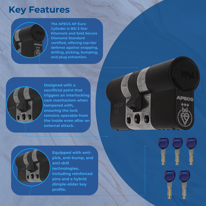 APECS AP 3* Star Black Euro Cylinder Door Lock uPVC Aluminium Timber Door Barrel 6 Pin 5 Keys