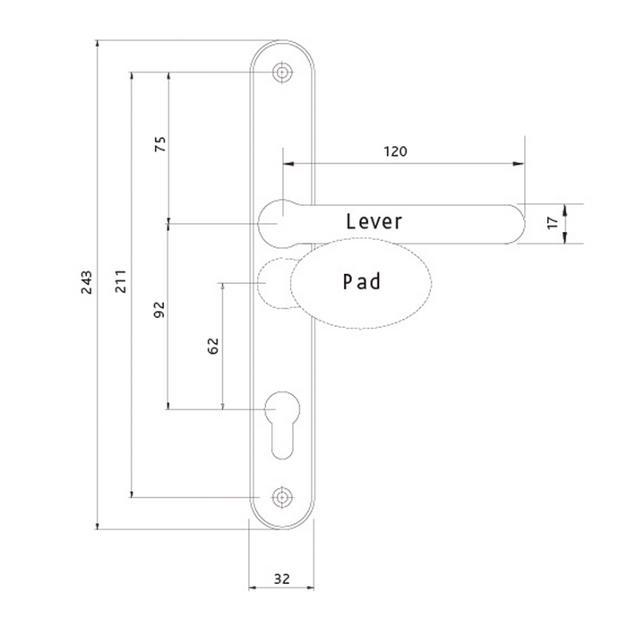 Stainless Steel Brushed silver Upvc Composite Lever Pad Door Handle PZ92/62